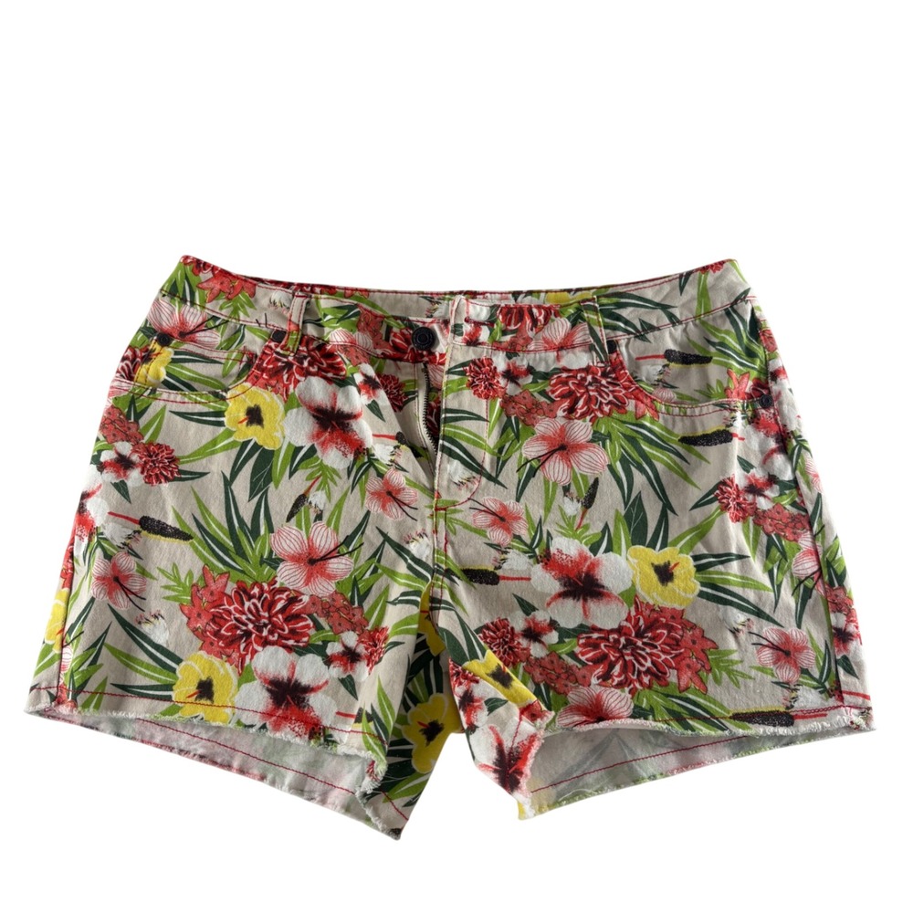 Cato Contemporary Women 12 Tropical Floral Denim Shorts Red Green Yellow Frayed